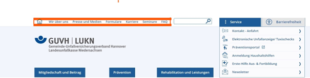 Seitenmenü der Webseite Screenshot der Navigation / des Seitenmenüs